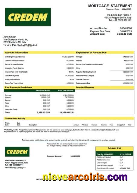 Italy Credito Emiliano mortgage statement Word and PDF template